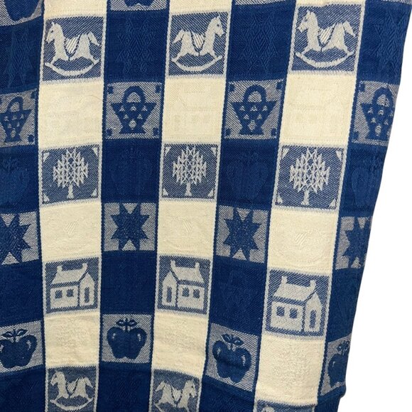 blue white plaid country print rocking horse house basket tree table cloth squar - Picture 2 of 3